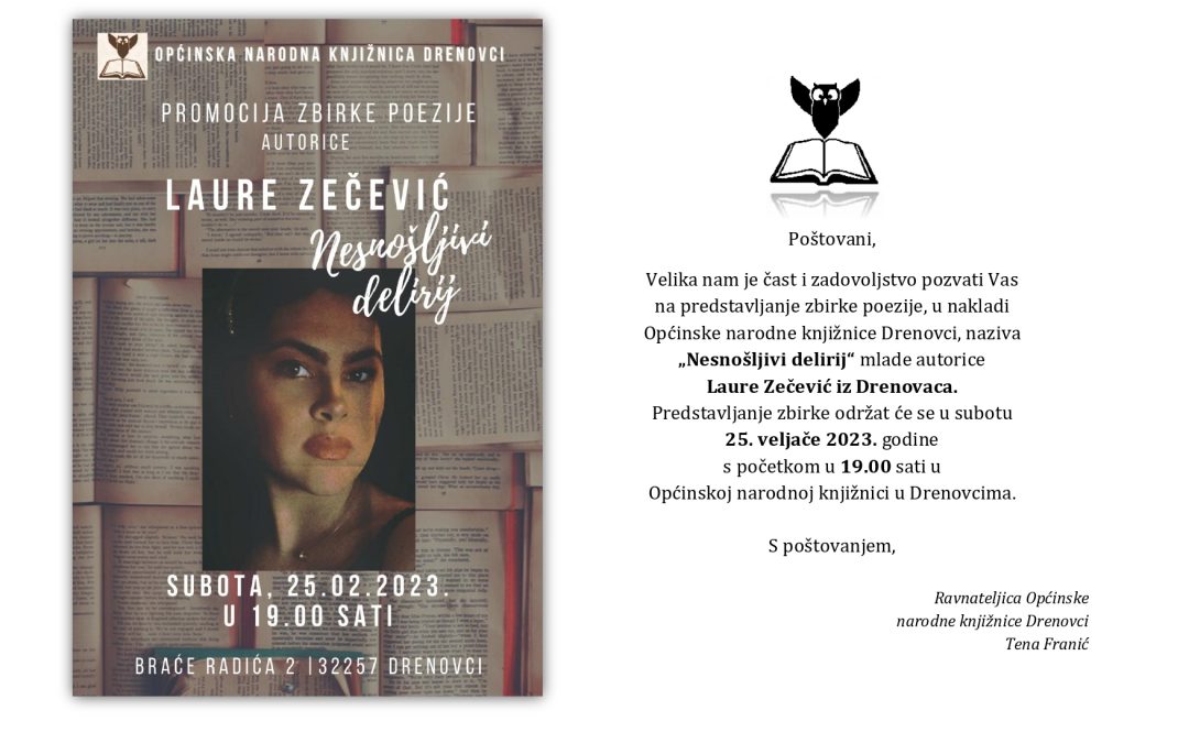 Pozivnica na predstavljanje zbirke poezije Laure Zečević